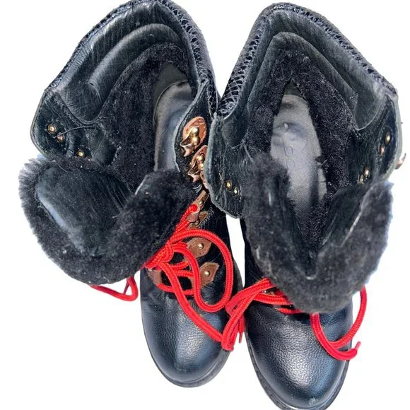 aldo black pony calf hair red lace worn Heeled Hiking Ski Bunny boots 9.5 - Picture 4 of 12